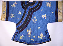 Antique Chinese Blue Silk Embroidered Insect Gourd Peach Floral Longevity Robe