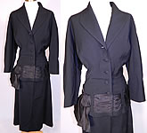 Vintage Black Wool Gabardine Ribbon Trim Sash Suit Jacket & Skirt