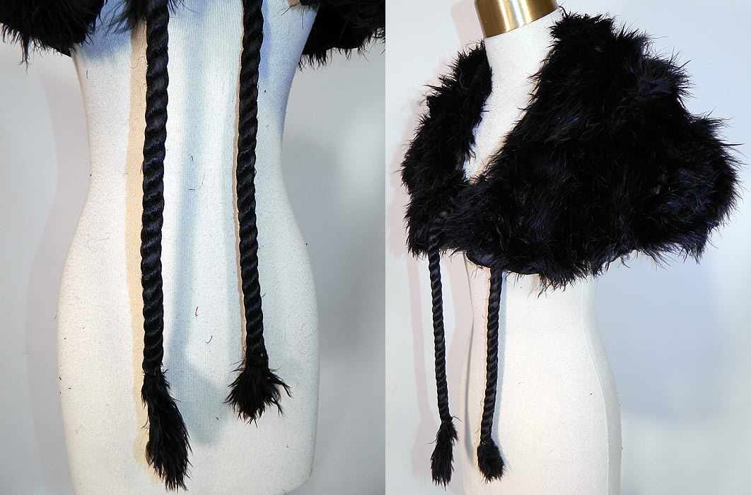 Edwardian Black Ostrich Feather Collar Cloak Cape Stole Shawl Silk Rope Ties. This fabulous feather collar cloak cape style small shawl stole measures 40 inches long and is 11 inches wide.