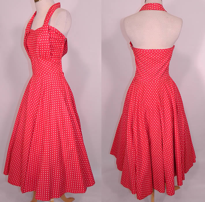 Vintage Princess Peggy Red & White Polka Dot Print Cotton Circle Skirt Halter Dress. This sensational summer sun dress has a halter top style with pleated neck strap, front neckline, a fitted waist, full circle skirt with hidden side pockets and side zipper closure. 