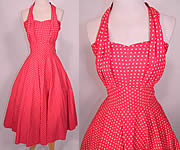 Vintage Princess Peggy Red & White Polka Dot Print Cotton Circle Skirt Halter Dress