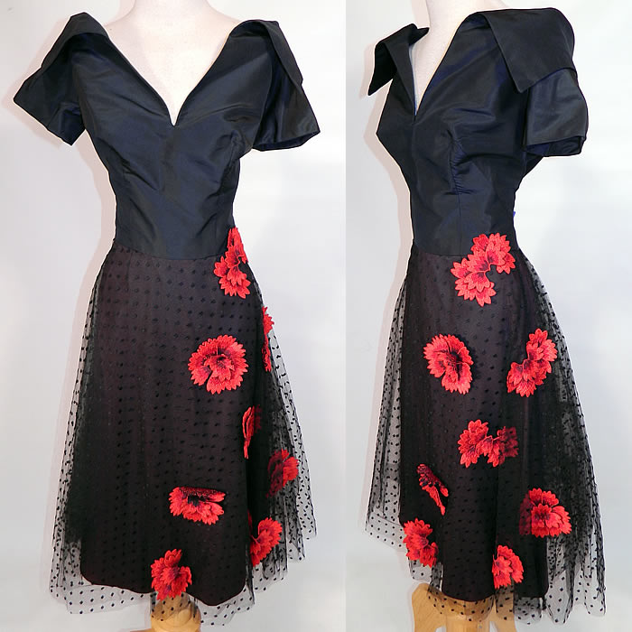 Vintage Ernest Newman Black Taffeta Polka Dot Net Red Flower Applique Cocktail Dress. This vintage Ernest Newman black taffeta polka dot net red flower applique cocktail dress dates from the 1950s. It is made of a black silk taffeta fabric, with a sheer black polka dot tulle net overskirt and red poppy flower 3 dimensional appliques along the side of the skirt.