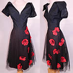 Vintage Ernest Newman Black Taffeta Polka Dot Net Red Flower Applique Cocktail Dress