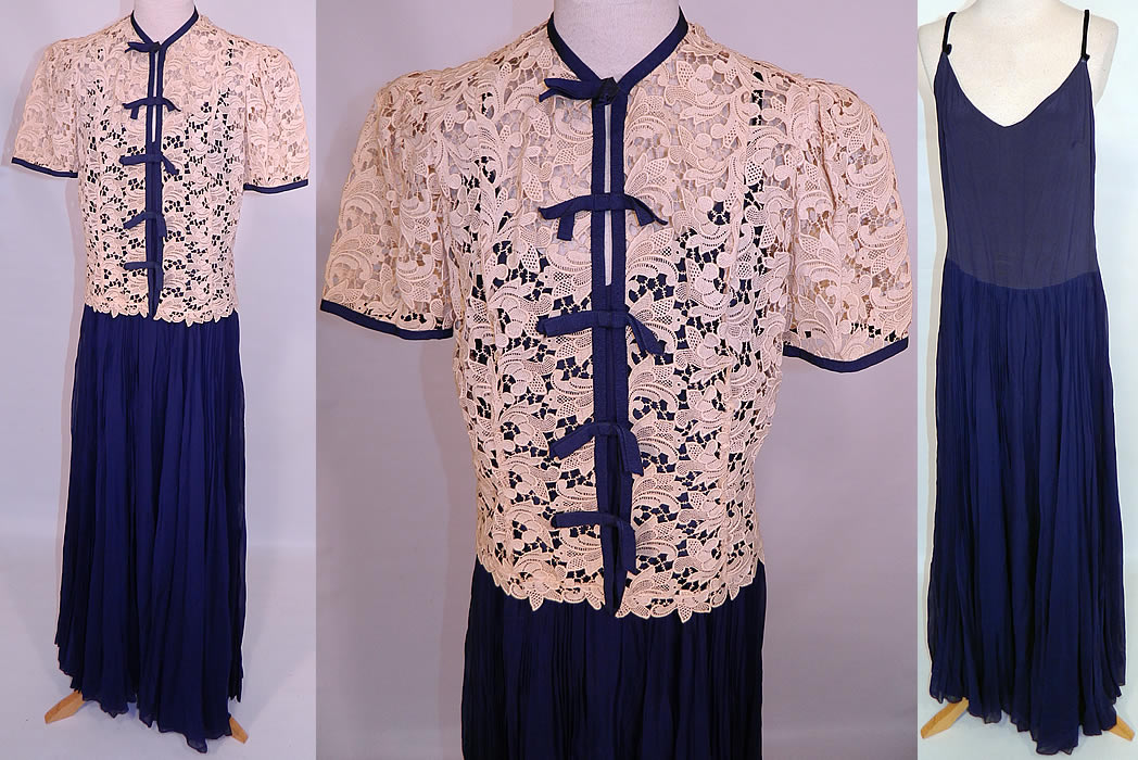 Vintage Navy Blue Silk Chiffon Slip Dress Gown & Ecru Lace  Jacket Blouse Top. This vintage navy blue silk chiffon slip dress gown and ecru lace jacket blouse top dates from the 1940s.