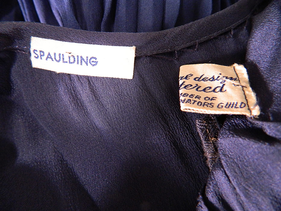 Vintage Navy Blue Silk Chiffon Slip Dress Gown & Ecru Lace  Jacket Blouse Top. There is "An original design Registered by a member of Fashion Originators Guild" label and name "Spaulding" tag sewn inside. 