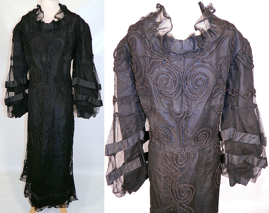 Vintage Black  Soutache Embroidered Net Victorian Inspired Evening Gown Dress. This vintage black soutache embroidered net Victorian inspired evening gown dress dates from the 1930s. It is made of a black sheer net fabric, with black raised soutache embroidery work done in a spiral scrolling design pattern.