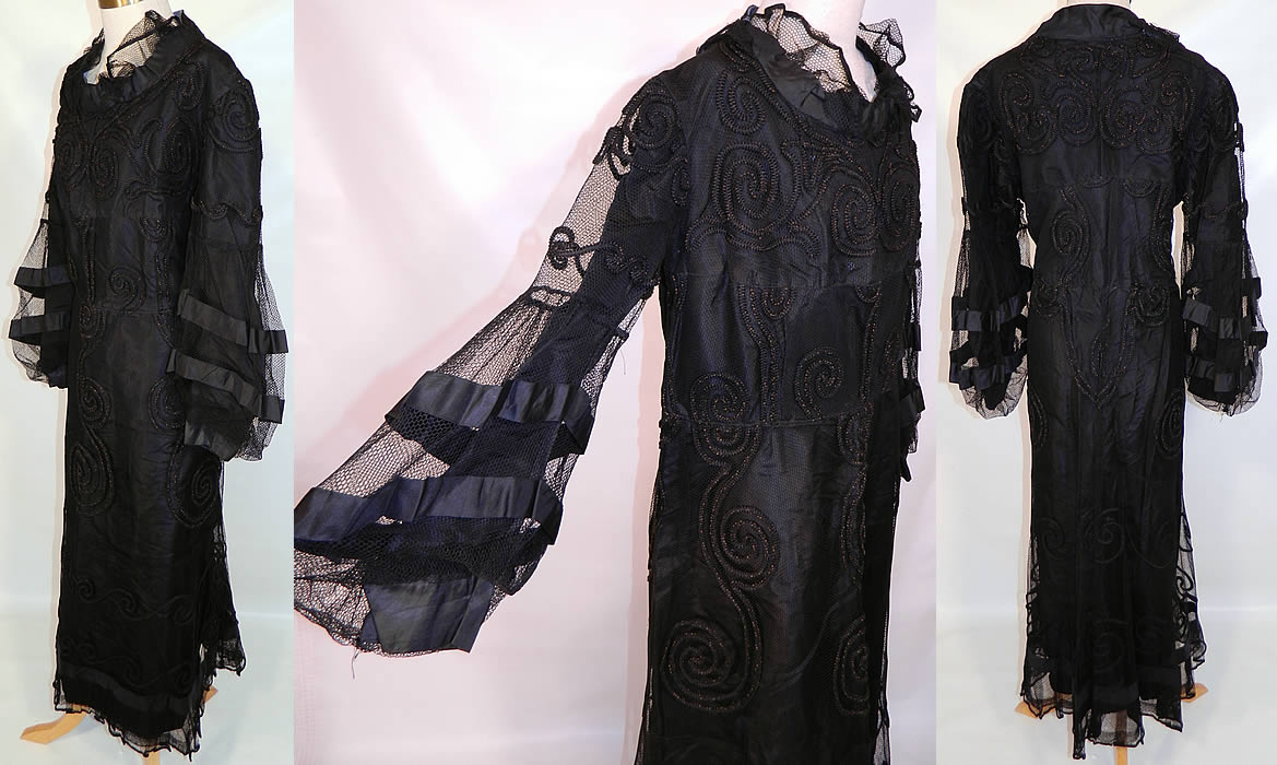 Vintage Black  Soutache Embroidered Net Victorian Inspired Evening Gown Dress. The gown is made of a Victorian era black net soutache embroidered fabric, but remade into a 1930s style with added sleeve trim. This beautiful black dress is a long floor length with a loose fitting style, long full bishop style sleeves trimmed in black silk stripes, a ruffled flounce net collar neckline, fully lined in a black silk taffeta fabric and has no side or back opening closures.