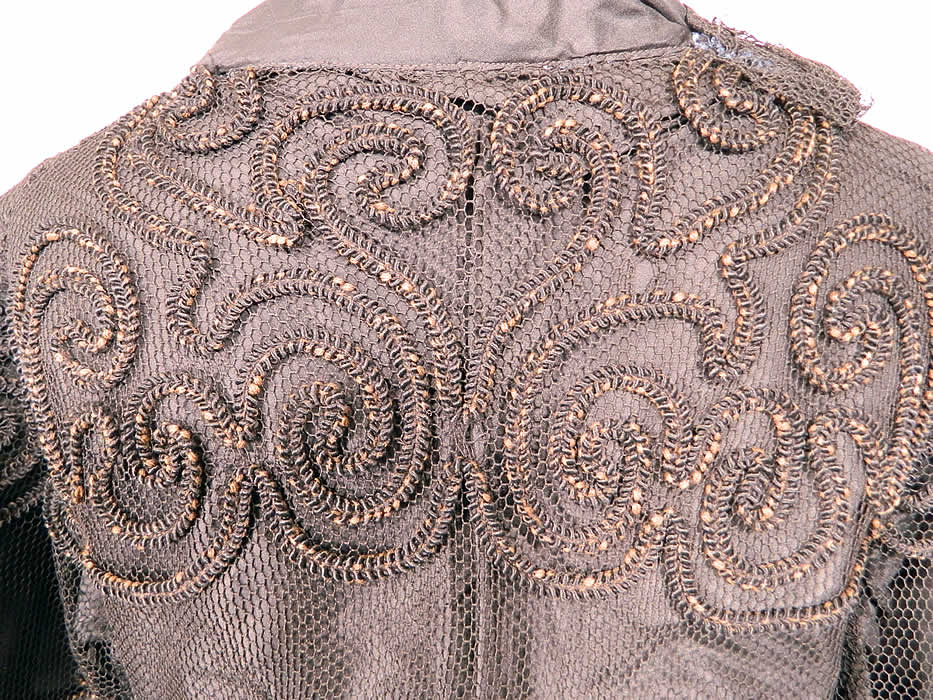 Vintage Black  Soutache Embroidered Net Victorian Inspired Evening Gown Dress. The dress measures 50 inches long, with 44 inch hips, a 36 inch waist, 38 inch bust, 15 inch back and 23 inch long sleeves. It is in good condition. This is truly a wonderful piece of wearable art!