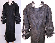 Vintage 1930s Black Soutache Embroidered Net Victorian Inspired Evening Gown Dress 