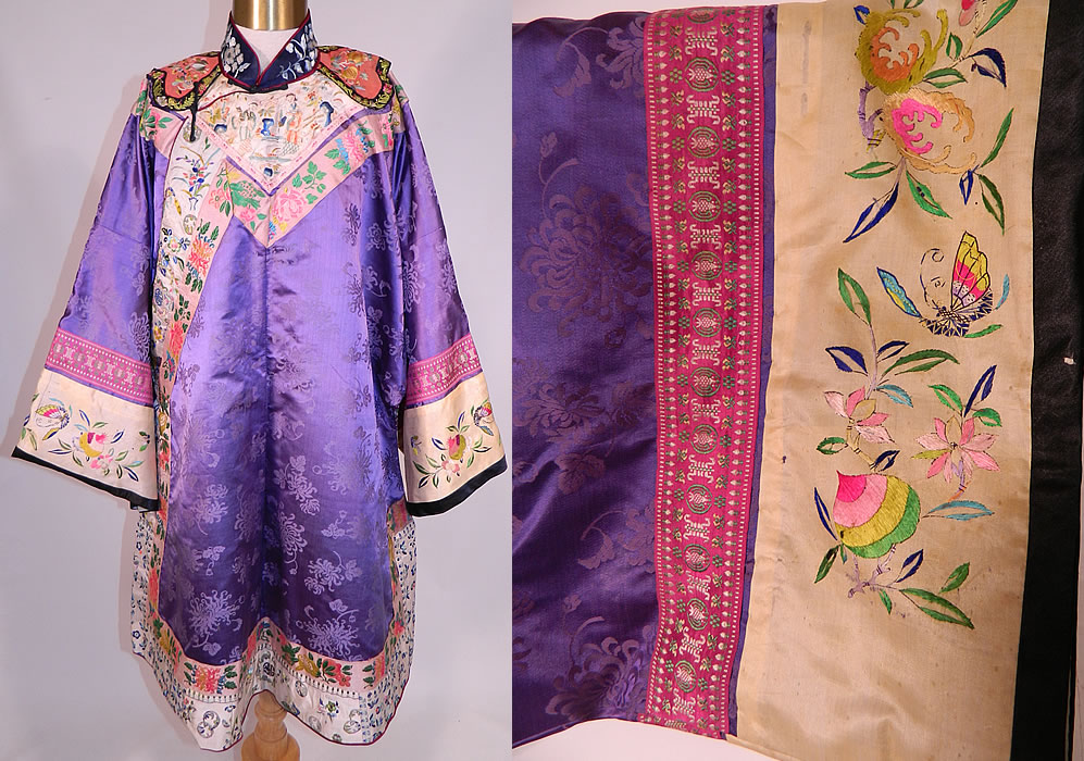 Antique Chinese Purple Silk Damask Floral Brocade Figural Embroidered Trim Robe
The robe measures 38 inches long, with a 54 inch waist, chest and 29 inch sleeve cuff circumference. It is in good condition, with only a few tiny pin holes, age spot stains on the sleeve cuffs (see close-up). 