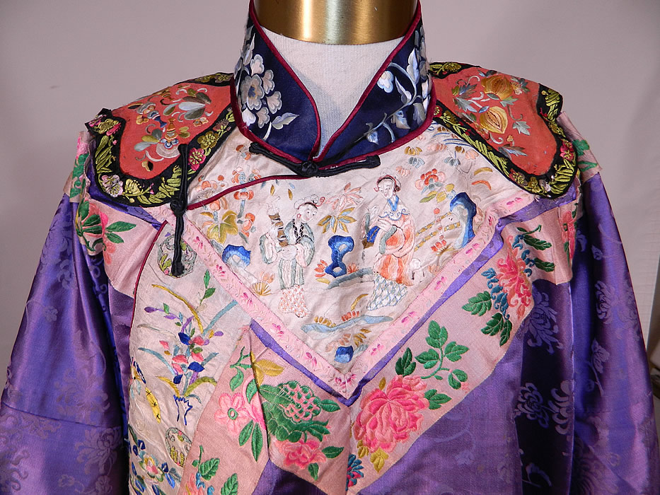 Antique Chinese Purple Silk Damask Floral Brocade Figural Embroidered Trim Robe
This antique Chinese purple silk damask floral brocade figural embroidered trim robe dates from the the mid 19th century during the Qing Dynasty. It is hand stitched, made of a bright royal purple color silk damask weave floral brocade fabric. 