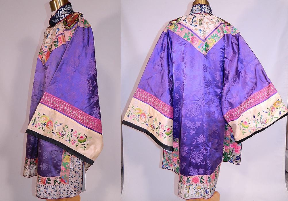 Antique Chinese Purple Silk Damask Floral Brocade Figural Embroidered Trim Robe
There is a white silk trim collar and edging with beautifully hand embroidered colorful Chinese women figures, flowers, butterflies, the Ji character for luck and pink silk damask brocade ribbon trim with more colorful woven flowers. 