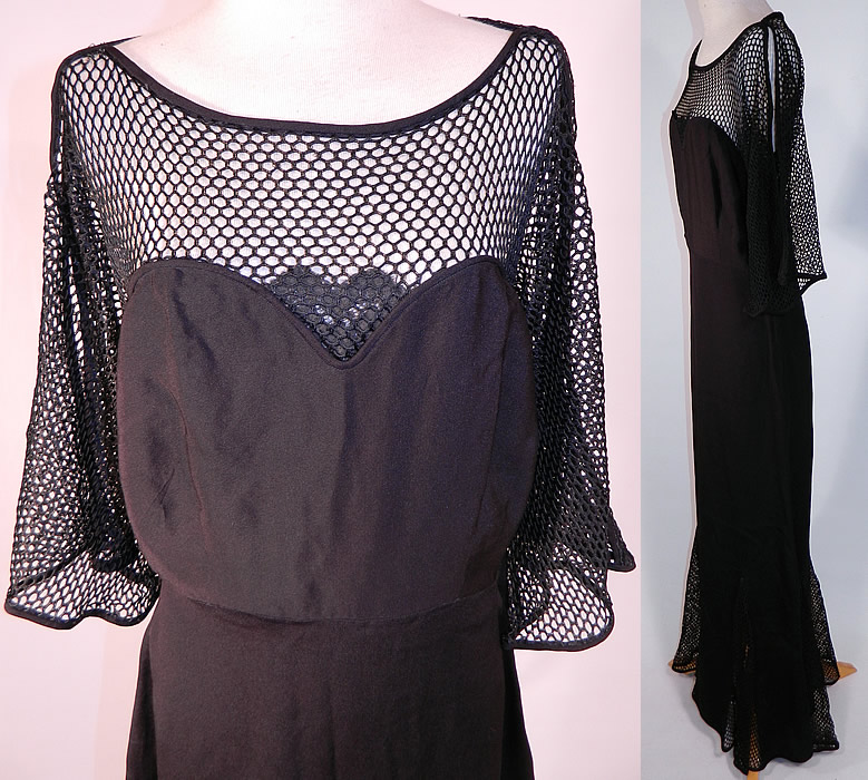 Vintage Black Silk Crepe Mesh Net Backless Gothic Evening Gown Dress
The dress measures 60 inches long, with 38 inch hips, a 26 inch waist and 34 inch bust. It is in good condition, with only a few small breaks, holes in the mesh net sleeves and shoulders. This is truly a wonderful piece of wearable art! 
