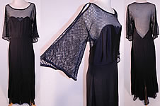 Vintage Black Silk Crepe Mesh Net Backless Gothic Evening Gown Dress
