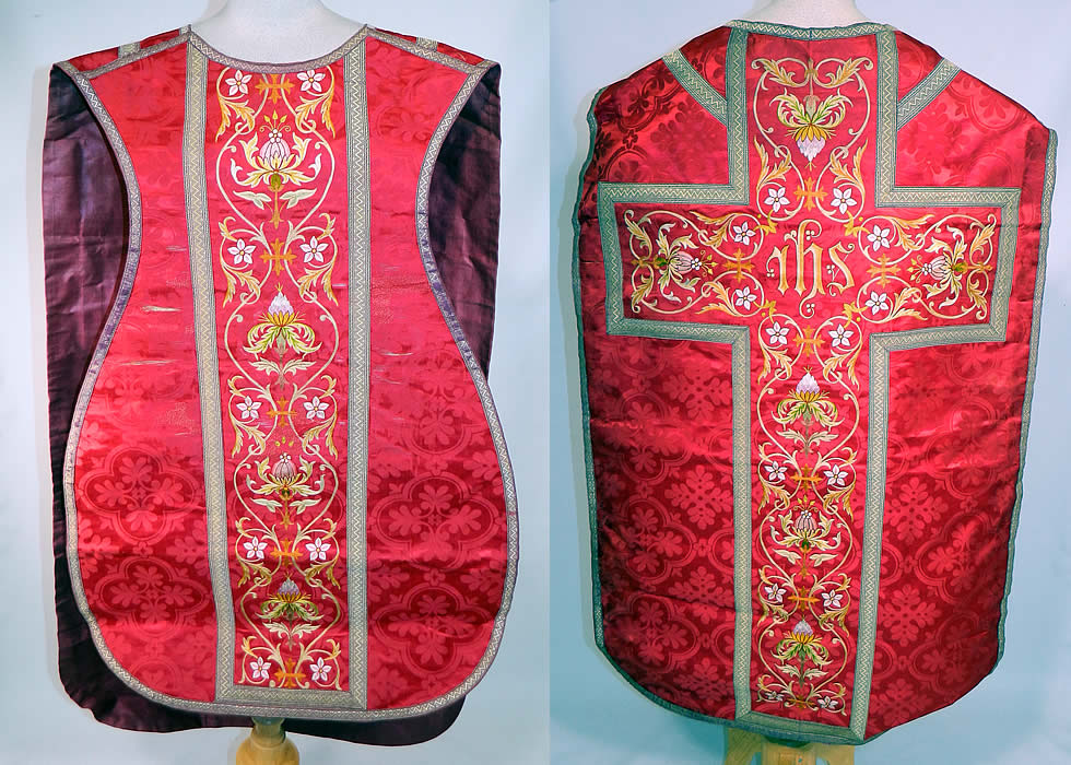 Antique Religious Red Silk Brocade Embroidered Priests Vestment Chasuble Poncho
This antique religious red silk brocade embroidered Catholic priests vestment chasuble dates from 1900. 