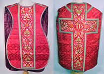 Antique Religious Red Silk Brocade Embroidered Priests Vestment Chasuble Poncho