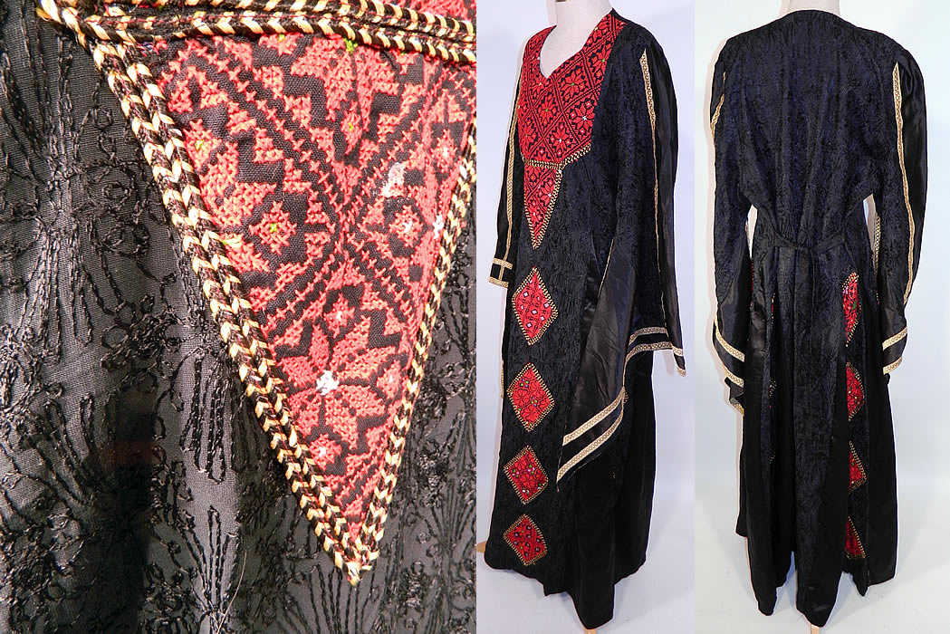 Vintage Al-Karnak Jordan Bedouin Kaftan Jalabiya Thobe Embroidered Maxi Dress
The dress measures 58 inches long, with 60 inch hips, a 46 inch bust and 38 inch long sleeves. It is in excellent condition. This is truly a wonderful piece of wearable Jordanian Arabic bedouin textile art!