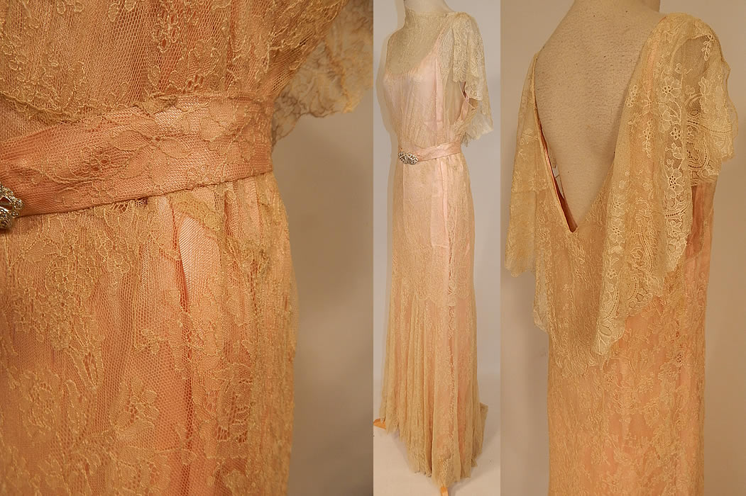 Vintage Cream Chantilly Lace Belted Bias Cut Dress Wedding Gown & Pink Silk Slip
It is in good condition, with a small mended patch repair underneath the skirt and a few scattered small frayed breaks in the lace. This is truly a wonderful piece of wearable lace art which could be worn as a wedding gown!