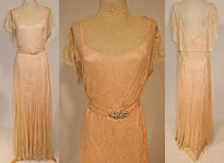 Vintage Cream Chantilly Lace Belted Bias Cut Dress Wedding Gown & Pink Silk Slip
