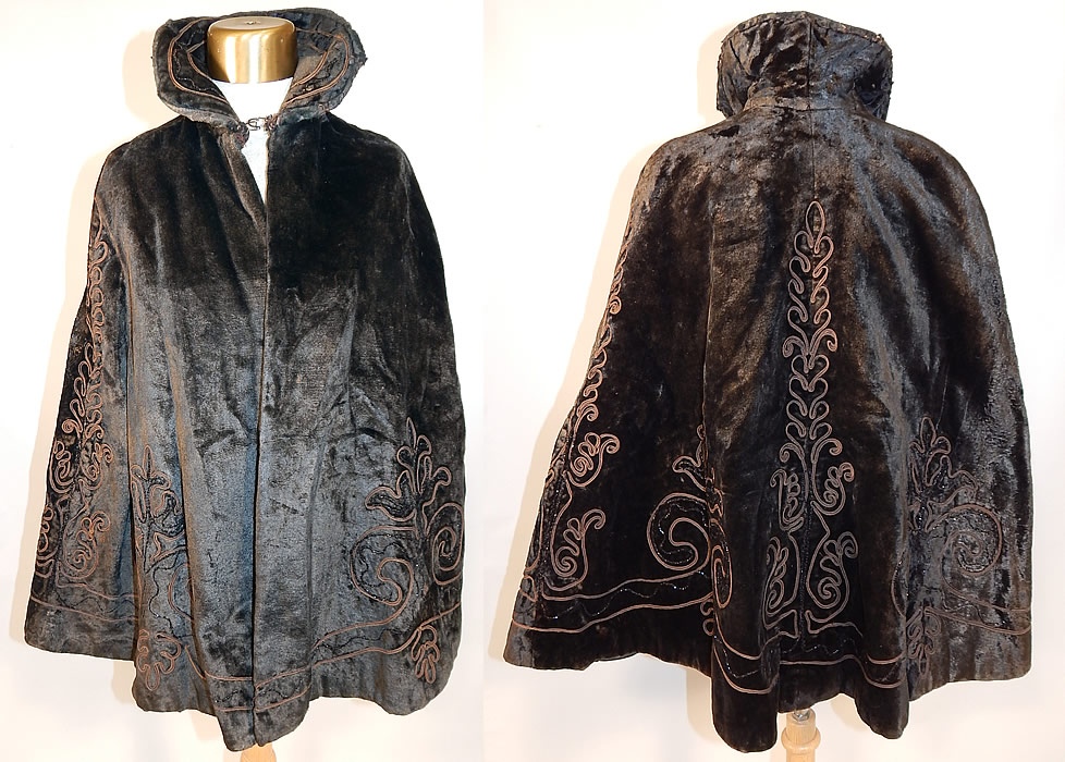 Victorian Black Plush Velvet Mohair Jet Beaded Soutache Trim Winter Cloak Cape Mantle. 