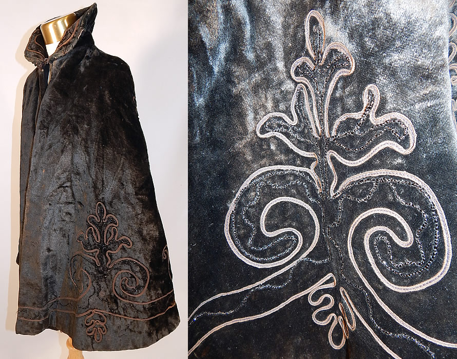 Victorian Black Plush Velvet Mohair Jet Beaded Soutache Trim Winter Cloak Cape Mantleside view.