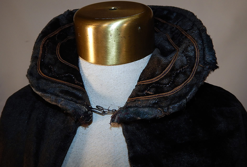 Victorian Black Plush Velvet Mohair Jet Beaded Soutache Trim Winter Cloak Cape Mantle back view.