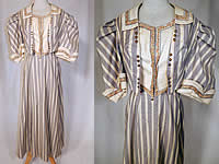 Edwardian Gray & White Striped Paisley Trim Summer Walking Suit Jacket Skirt
