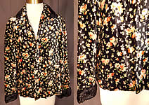 Vintage Art Deco Black Silk Velvet Pink Roses Floral Print Flapper Coat Jacket
