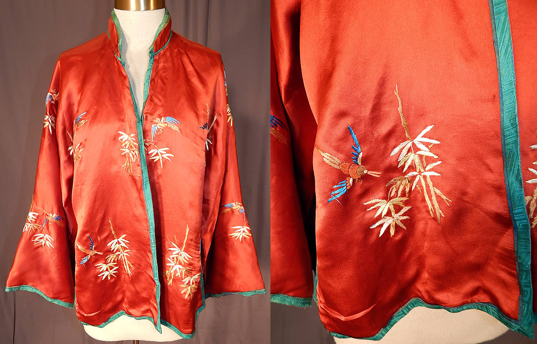 Vintage Chinese Cinnabar Red Silk Embroidered Bamboo Bird Robe Jacket
This vintage Chinese cinnabar red silk embroidered bamboo bird robe jacket dates from the 1930s. It is made of a brownish red orange cinnabar color silk fabric, with colorful silk raised padded satin stitch hand embroidery work of birds and bamboo.