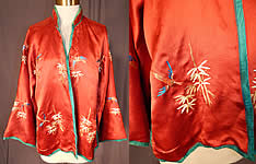Vintage Chinese Cinnabar Red Silk Embroidered Bamboo Bird Robe Jacket
