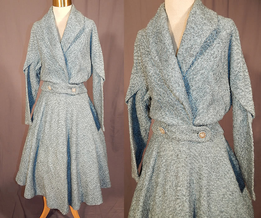 Vintage Blue Boucle Carlton Ingenue Poodle Cloth Circle Skirt & Suit Jacket
This vintage blue boucle Carlton Ingenue Poodle Cloth circle skirt and suit jacket dates from the 1950s. It is made of a sky blue and black boucle looped, curled yarn Poodle Cloth fabric.
