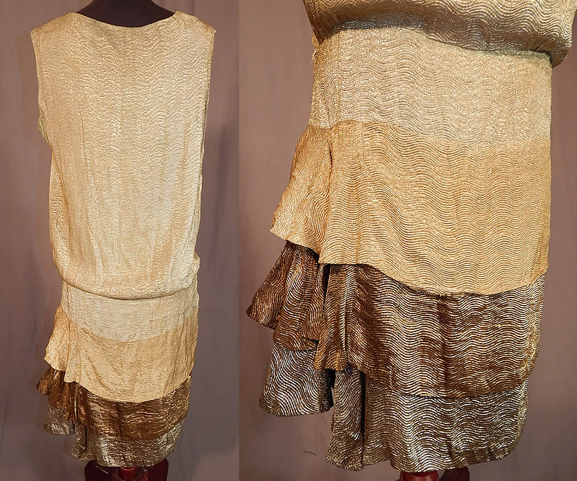 Vintage Moir Grant Art Deco Tricolor Gold Lamé Lame Drop Waist Flapper Dress
The dress measures 36 inches long, with a 30 inch waist and 36 inch bust. It is in good as-is condition, with some staining, frayed holes on the inside silk lining and some discoloration staining under the arms and one spot on the shoulder (see close-up). This is truly a wonderful piece of Art Deco wearable textile art! 