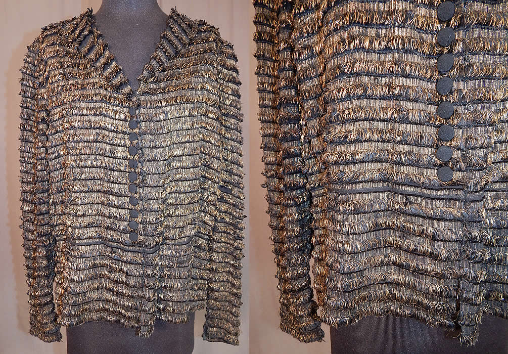 Vintage Art Deco Gold Lamé Lame Eyelash Fringe Peplum Evening Coat Jacket
This vintage Art Deco gold lamé eyelash fringe peplum evening coat jacket dates from the 1930s. It is made of a black sheer silk chiffon fabric covered with gold metallic lamé eyelash fringe rows woven into the fabric.