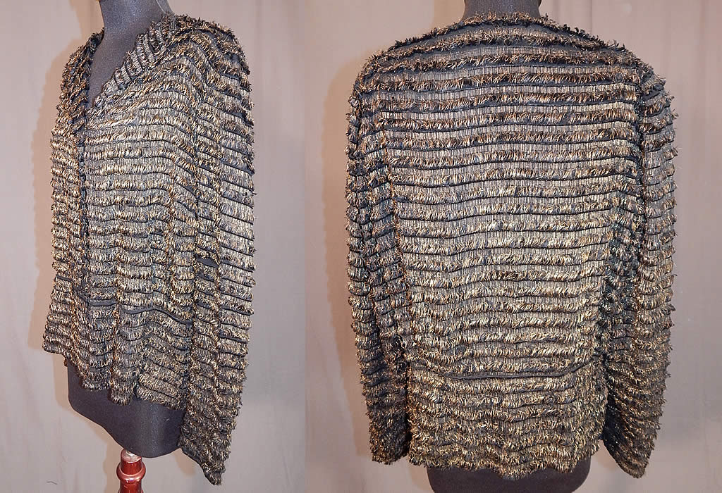 Vintage Art Deco Gold Lamé Lame Eyelash Fringe Peplum Evening Coat Jacket
The jacket measures 23 inches long, with a 32 inch waist, 42 inch bust and 24 inch long sleeves. It is in excellent condition. This is truly a unique piece of Art Deco wearable textile art!