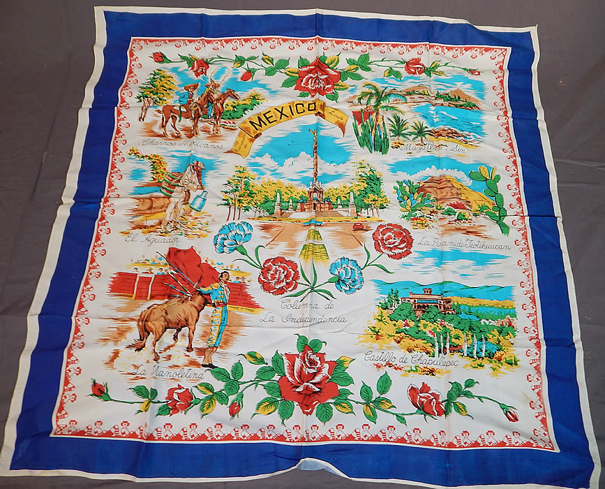 Vintage Souvenir Mexico Silk Screen Novelty Print Large Rayon Scarf
This vintage souvenir Mexico silk screen novelty print large rayon scarf dates from the 1950s. It is made of a silk rayon fabric, with a vibrant colorful silk screen novelty print design of scenic tourist areas in Mexico and glitter highlight outlining accents.