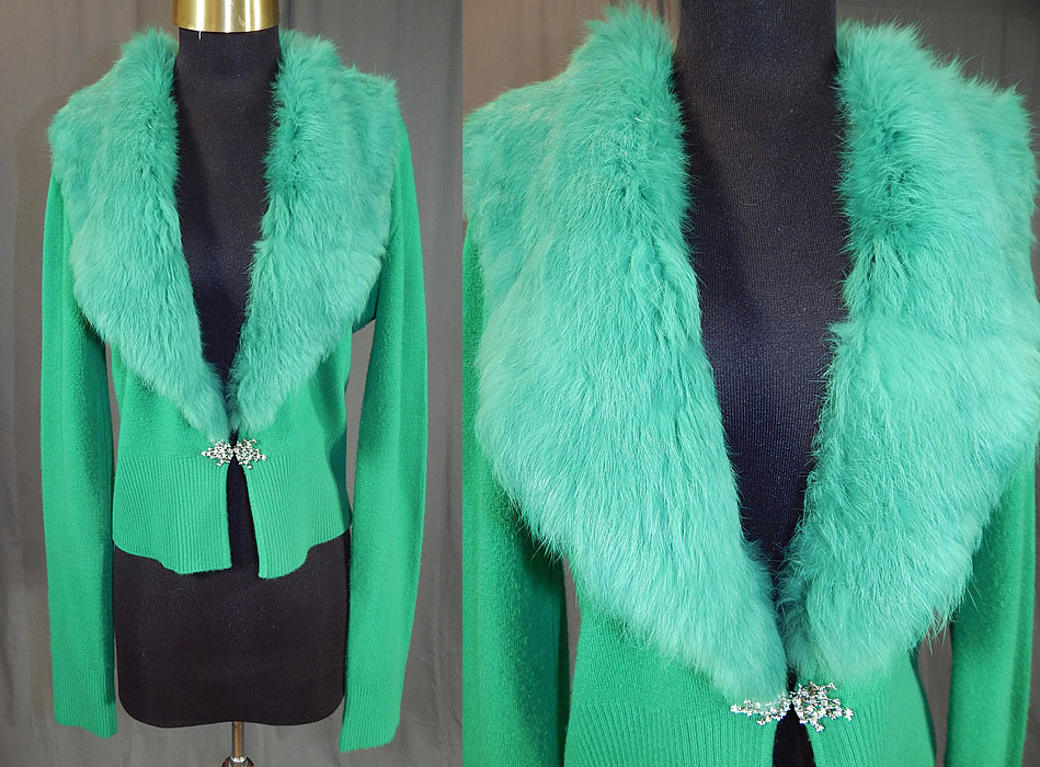 Vintage Kelly Green Knit Cardigan Sweater & Rabbit Fur Collar Trim
This vintage kelly green knit cardigan sweater and rabbit fur collar trim dates from the 1950s. It is made of a bright kelly green color soft lambswool knit fabric, with a green dyed to match fluffy rabbit fur collar trim sewn onto it. 