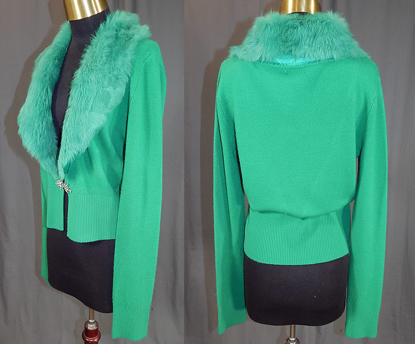 Vintage Kelly Green Knit Cardigan Sweater & Rabbit Fur Collar Trim
The sweater measures 20 inches long, with a 28 inch waist, 36 inch bust and 27 inch long sleeves. It is in good condition, with only some slight pilling on the knit fabric. This is truly a wonderful piece of wearable art!