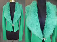 Vintage Kelly Green Knit Cardigan Sweater & Rabbit Fur Collar Trim
