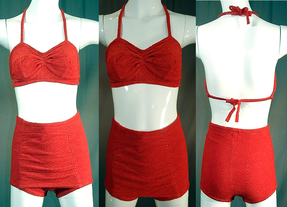 Vintage Catalina Red Rayon Knit Two Piece Pinup Bikini Bathing Suit Swimsuit
This vintage Catalina red rayon knit two piece pinup bikini bathing suit swimsuit dates from the late 1940s. It is made of a red rayon knit textured terry cloth stretch fabric with a woven argyle diamond pattern design.