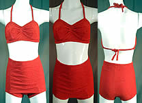 Vintage Catalina Red Rayon Knit Two Piece Pinup Bikini Bathing Suit Swimsuit
