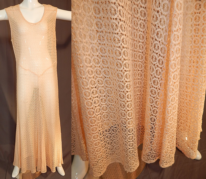 Vintage Sheer Pink Polka Dot Spider Web Teneriffe Lace Maxi Dress Bias Cut Gown
This vintage sheer pink polka dot spider wed Teneriffe lace maxi dress bias cut gown dates from the 1930s. It is made of a pale pastel pink color sheer drawn thread work Teneriffe lace fabric with a polka dot spider web pattern. 