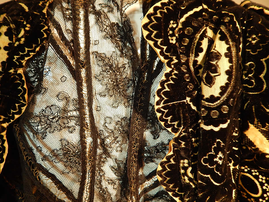 Victorian Yellow Silk Black Burnout Voided Velvet Devore Chantilly Lace Bodice
This is truly an extraordinary piece of antique Victoriana textile art which would be great for design!