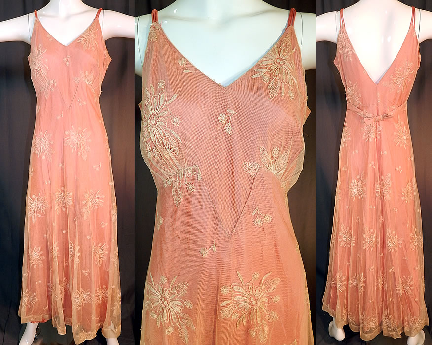 Vintage Cream Tambour Embroidery Net Lace Pink Nylon Slip Dress Bias Cut Gown
This vintage cream tambour embroidery net lace pink nylon slip dress bias cut gown dates from the 1940s. It is made of an off white cream color sheer tulle net fabric overlay with tambour embroidery work flowers and a dusty rose pink color nylon slip lining backing sewn inside. 