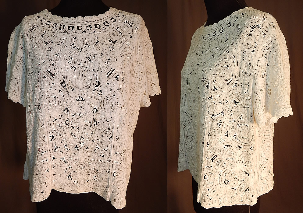 Vintage White Battenburg Tape Lace Sheer Shirt Blouse
This beautiful blouse has short sleeves, snap closures down the back and is sheer, unlined. The top measures 20 inches long, with a 36 inch waist and 40 inch bust.