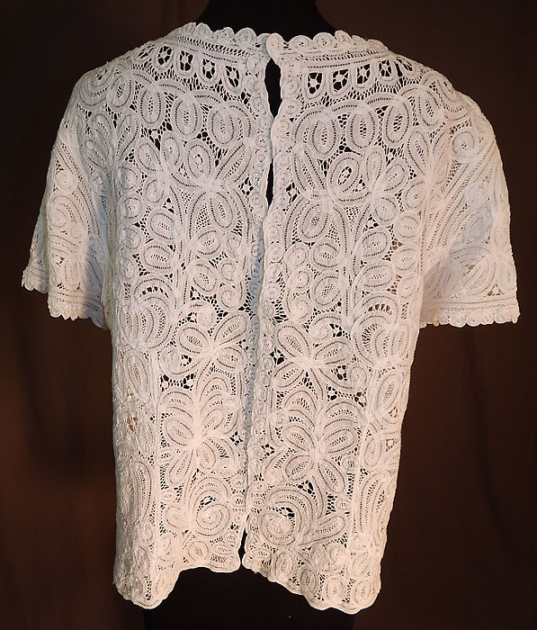 Vintage White Battenburg Tape Lace Sheer Shirt Blouse
It is in good condition, but has not been cleaned and has a few faint small stains on the front. This is truly a wonderful piece of wearable lace art!