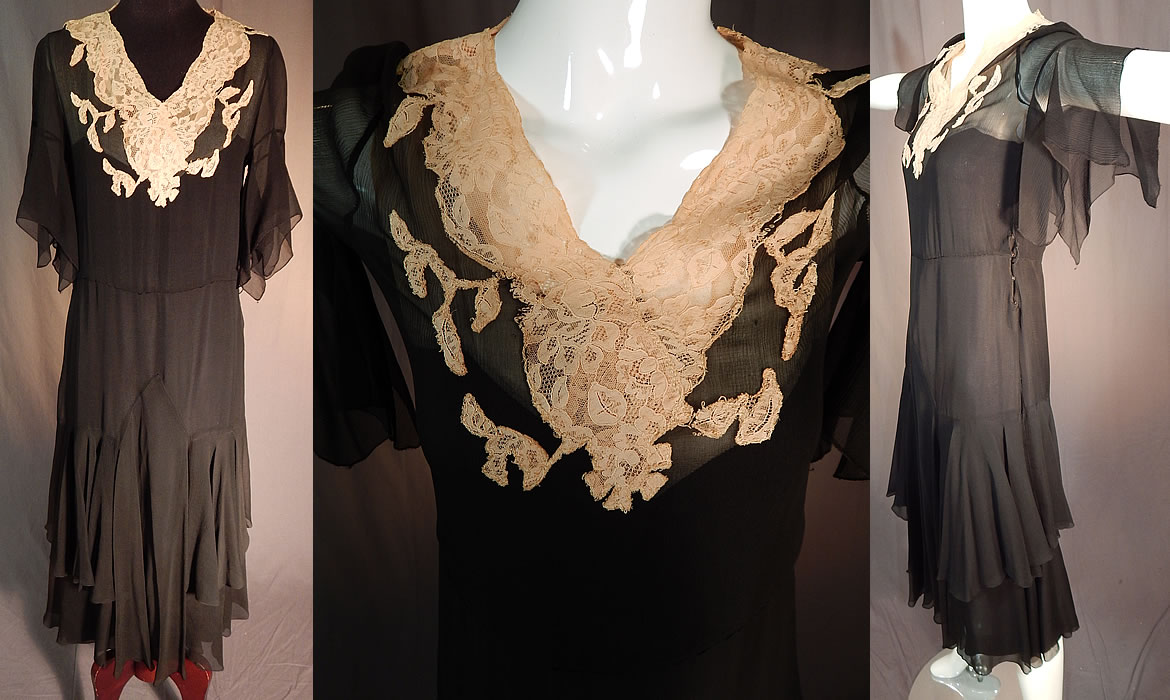 Vintage Black Silk Chiffon Cream Lace Handkerchief Sleeve Bias Cut Dress Slip
This vintage black silk chiffon cream lace handkerchief sleeve bias cut dress and slip dates from the 1930s. It is made of a black sheer silk chiffon fabric, with an ecru cream color lace appliqué yoke trim sewn onto the neckline.