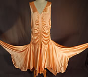 Vintage Peach Silk Satin Charmeuse Handkerchief Hem Skirt Drop Waist Flapper Dress
