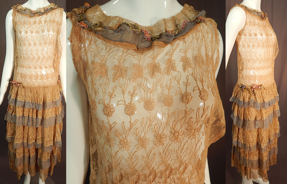 Vintage Cream Tambour Embroidery Lace Silk Rosette Drop Waist Dress
This vintage cream tambour embroidery lace silk rosette drop waist dress dates from the 1920s.