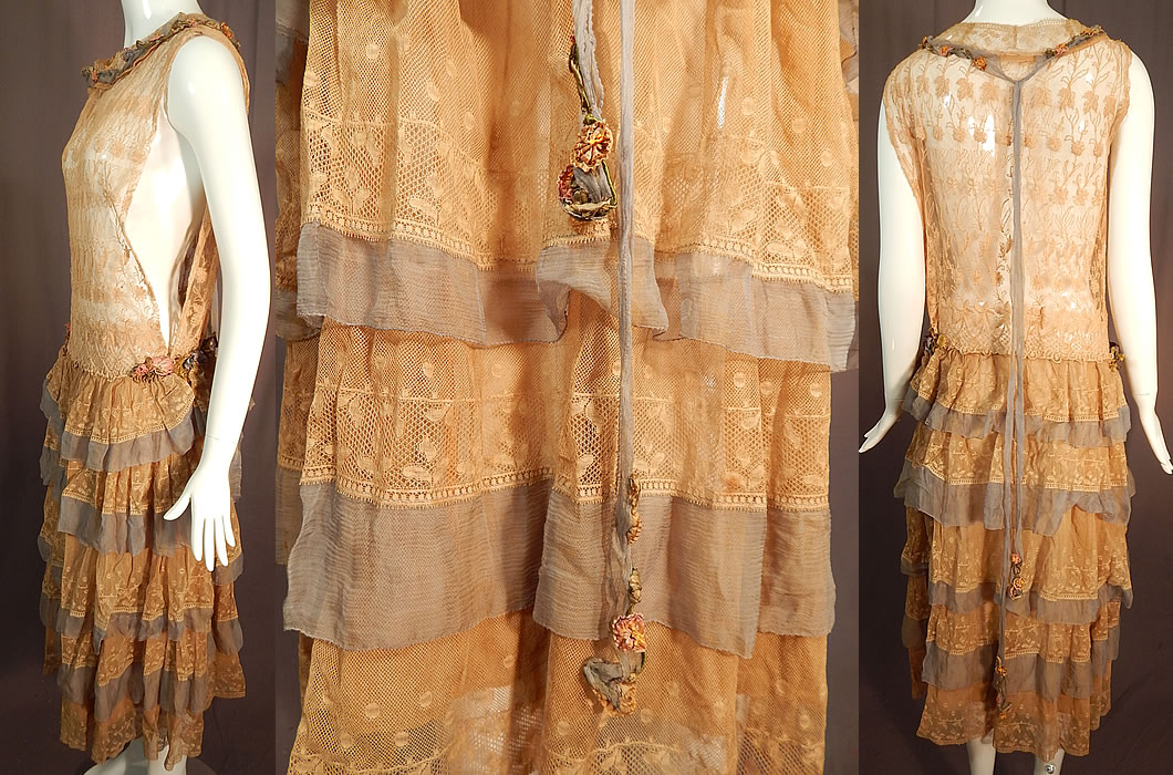 Vintage Cream Tambour Embroidery Lace Silk Rosette Drop Waist Dress
It is made of an off white cream color sheer cotton net fabric with tambour embroidery work flowers on the top and blue silk chiffon, lace trim ruffles along the layered tiered skirt.