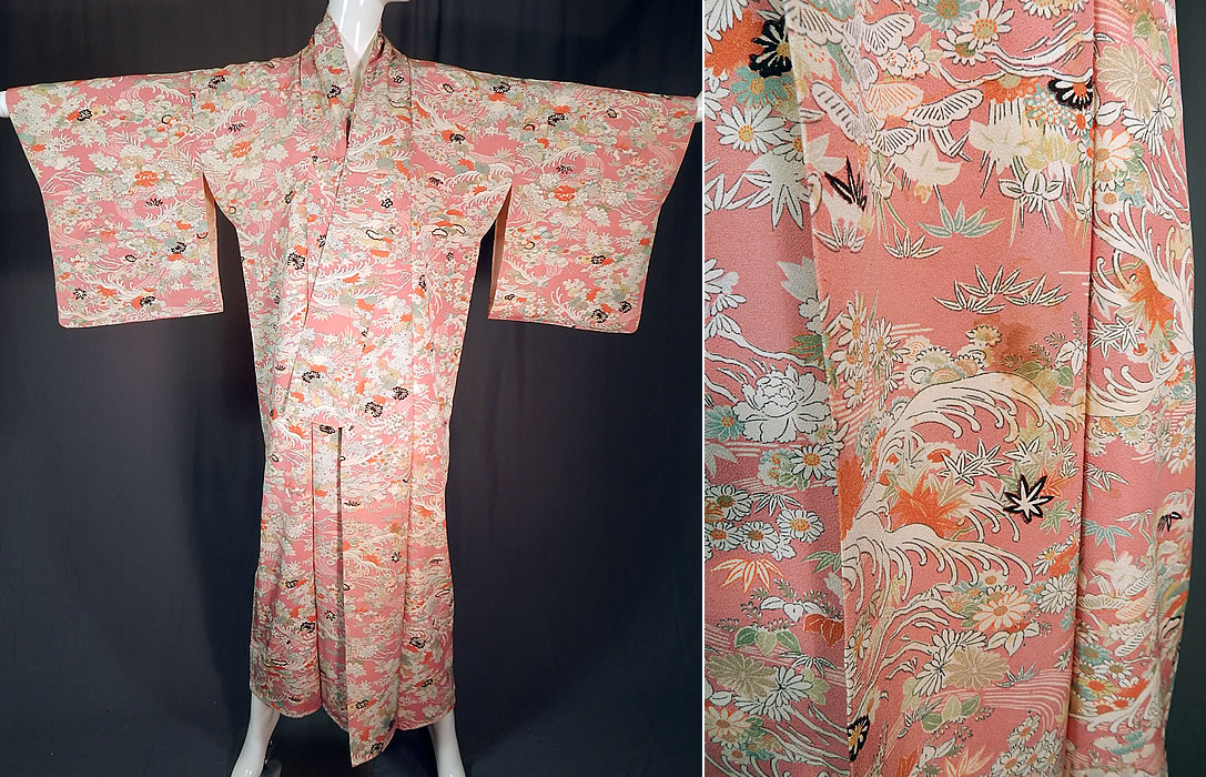 Vintage Japanese Geisha Pink Silk Screen Floral Water Waves Kimono
It is in good as-is condition, has not been laundered, with a few small faint age spot stains on the inside lining, staining discoloration on front top opening and bottom (see close-up). This is truly a wonderful piece of wearable Japanese kimono textile art.